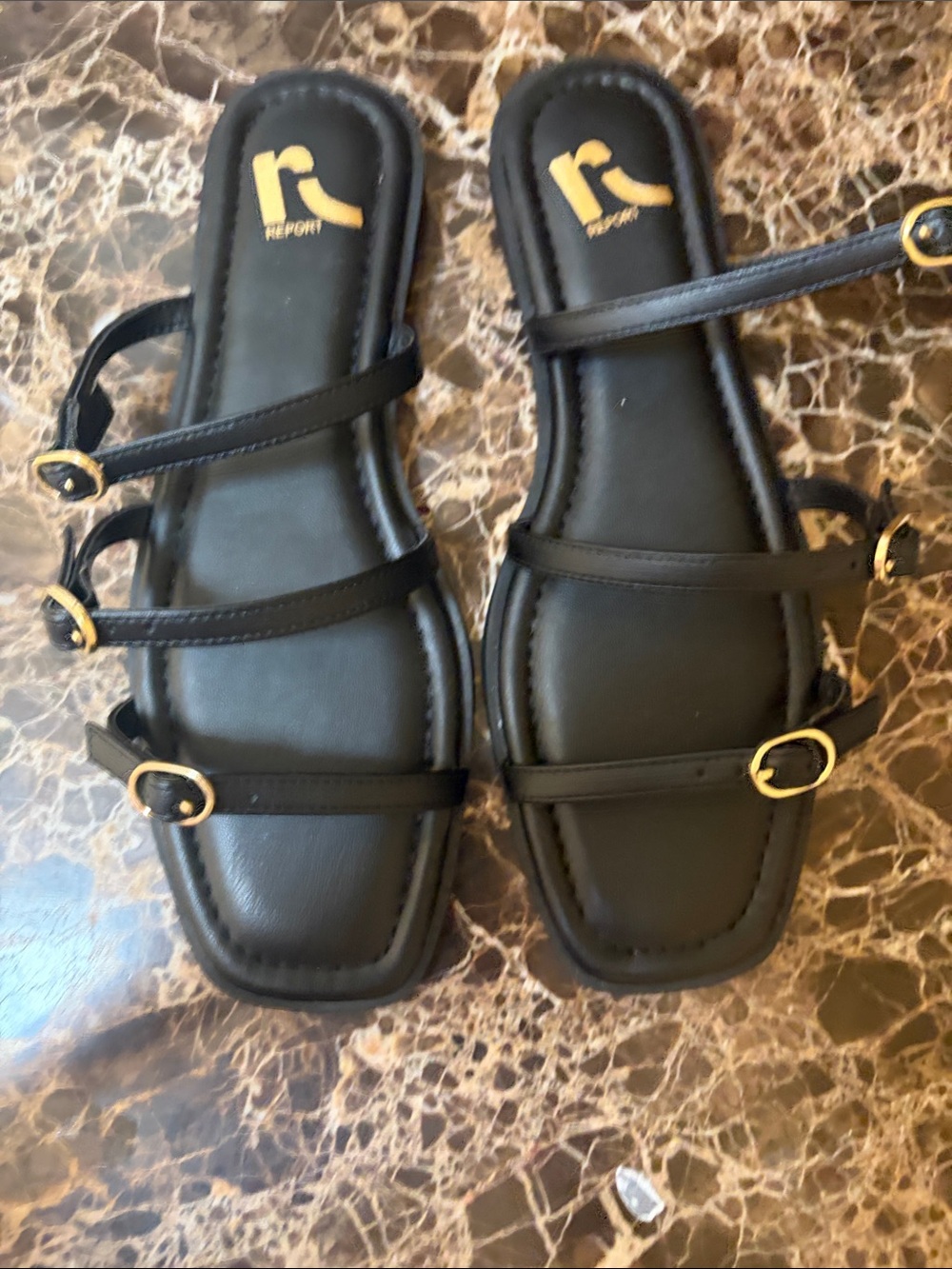 Report Black Multi-Strap Flat Sandals with Gold Buckles.Size 7.5. NWOT